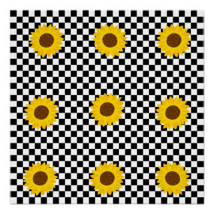 Black and White Sunflower Checkered Flower Pattern Poster