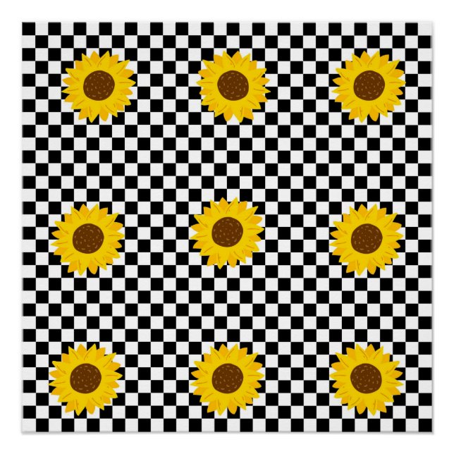 Black and White Sunflower Checkered Flower Pattern Poster (Front)