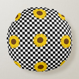 Black and White Sunflower Checkered Flower Pattern Round Pillow