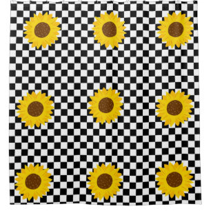 Black and White Sunflower Checkered Flower Pattern Shower Curtain