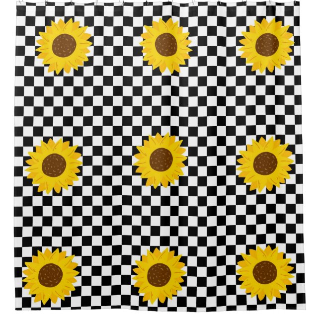 Black and White Sunflower Checkered Flower Pattern Shower Curtain (Front)