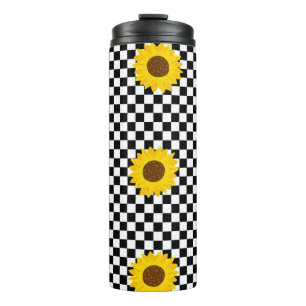 Black and White Sunflower Checkered Flower Pattern Thermal Tumbler