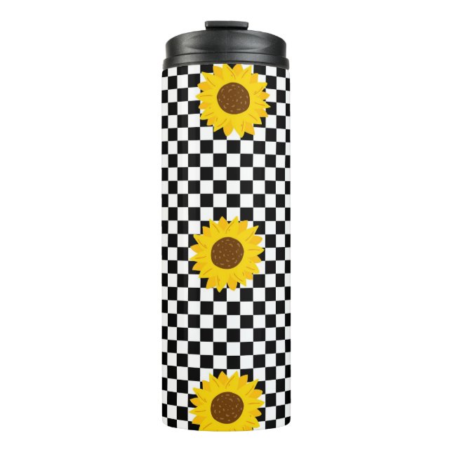 Black and White Sunflower Checkered Flower Pattern Thermal Tumbler (Front)