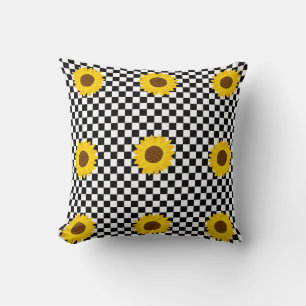 Black and White Sunflower Checkered Flower Pattern Throw Pillow