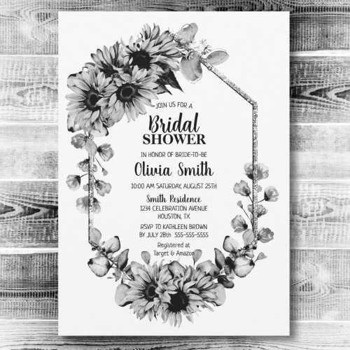 Black and White Sunflower Floral Bridal Shower Invitation