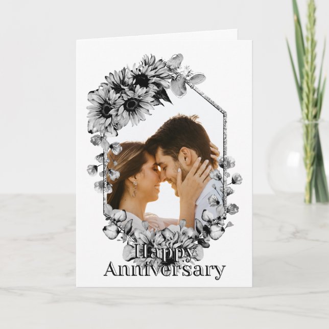 Black and White Sunflower Photo Anniversary Card (Front)