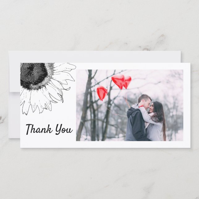 Black and White Sunflower Thank You Photo Card (Front)