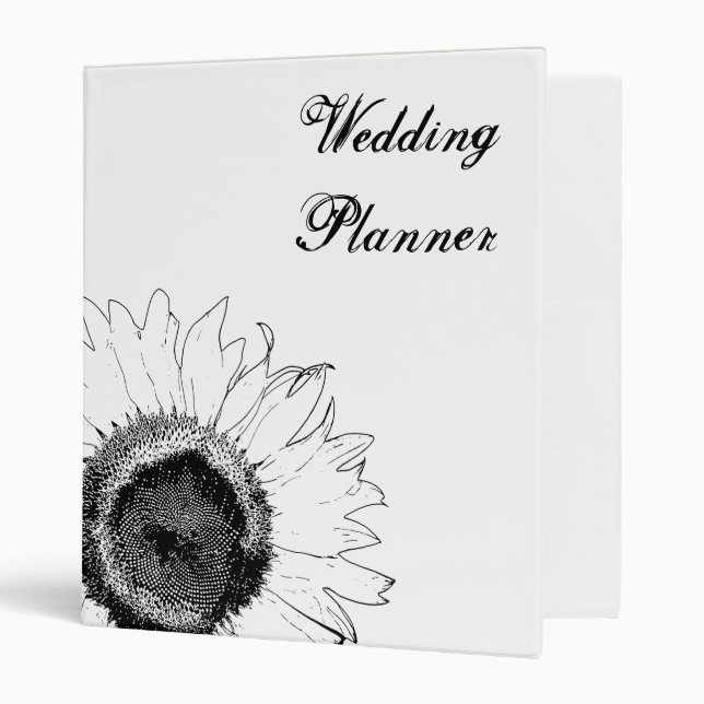 Black and White Sunflower Wedding 3 Ring Binder (Front/Inside)