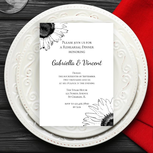 Black and White Sunflower Wedding Rehearsal Dinner Invitation (Creator Uploaded)