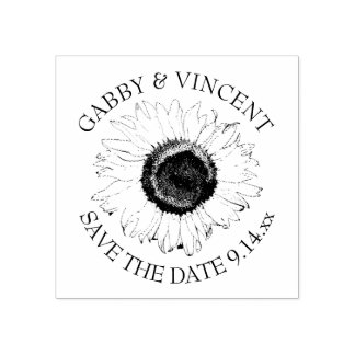 Black and White Sunflower Wedding Save the Date Rubber Stamp