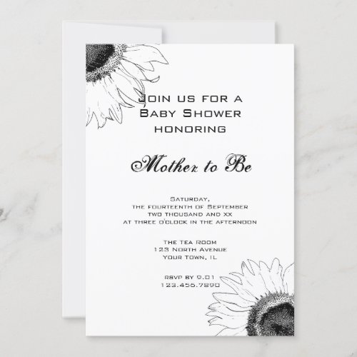 Black and White Sunflowers Baby Shower Invitation
