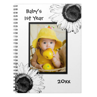 Black and White Sunflowers Baby's First Year Notebook