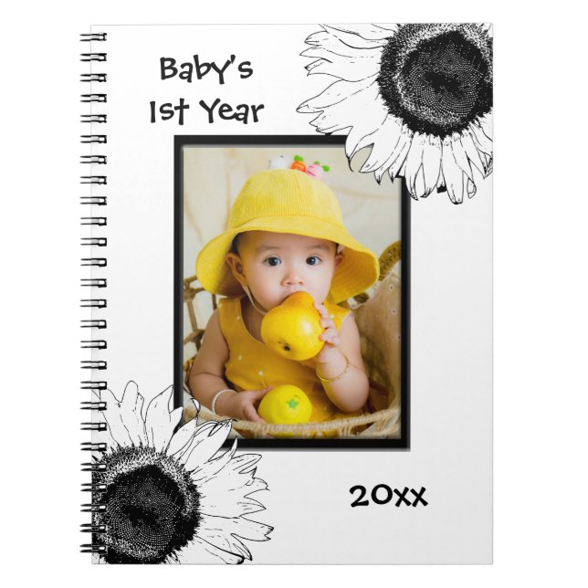 Black and White Sunflowers Baby's First Year Notebook (Front)