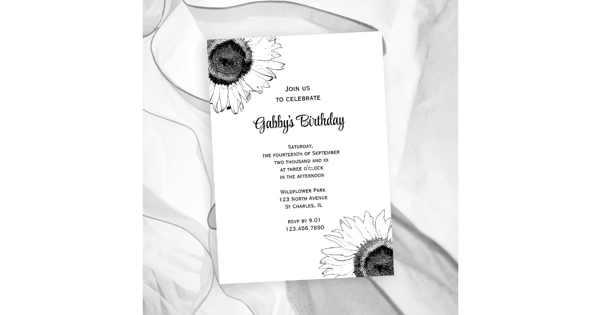 Black and White Sunflowers Birthday Party Invitation Zazzle