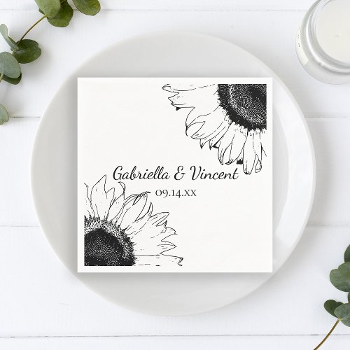 Black and White Sunflowers Wedding Napkins