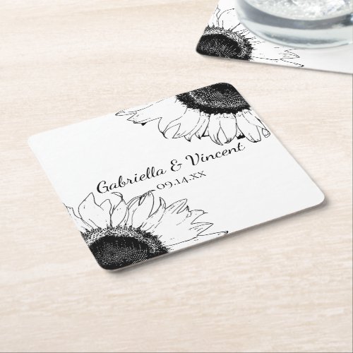 Black and White Sunflowers Wedding Square Paper Coaster