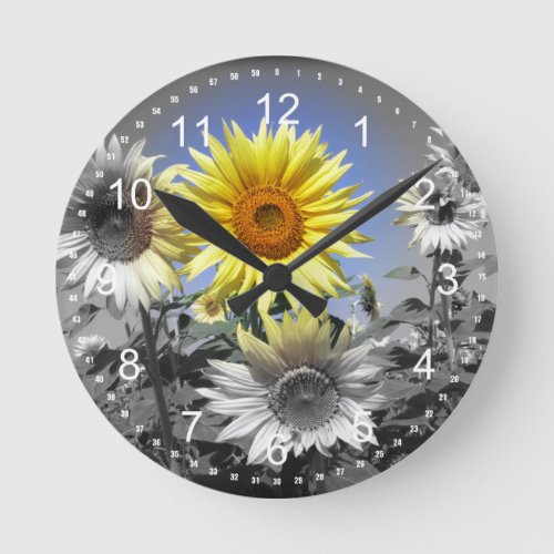 Black and White Sunflowers with One Yellow Round Clock