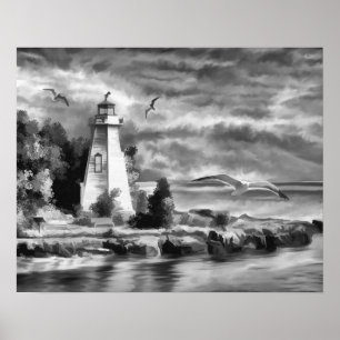 Black and White Sunset Ocean Lighthouse Poster