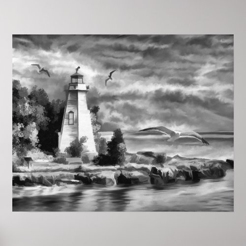 Black and White Sunset Ocean Lighthouse Poster