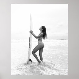 Black and White Surfer Girl on the Beach Poster