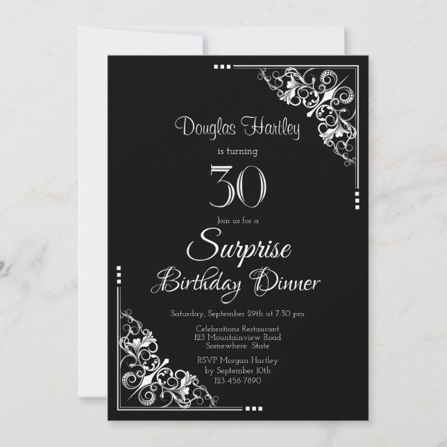 Black and White Surprise 30th Birthday Dinner Invitation (Front)
