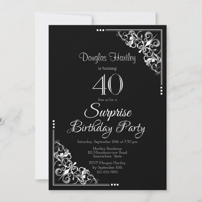 Black and White Surprise 40th Birthday Party Invitation (Front)