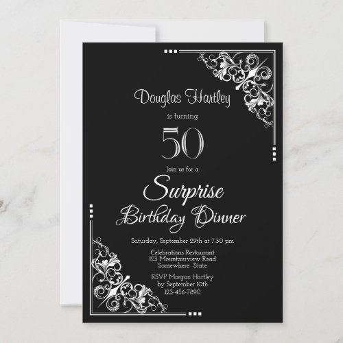 Black and White Surprise 50th Birthday Dinner Invitation