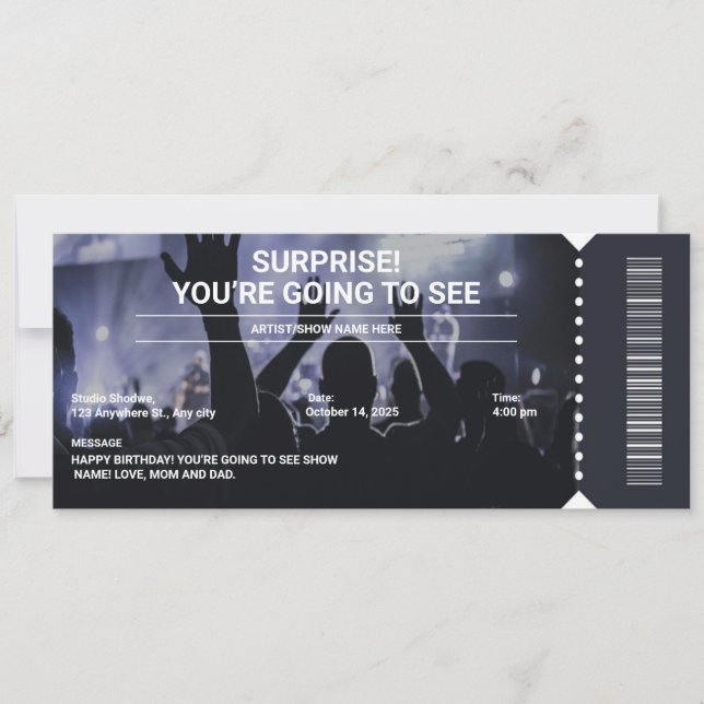 Black and White Surprise Concert Ticket Gift  Invitation (Front)