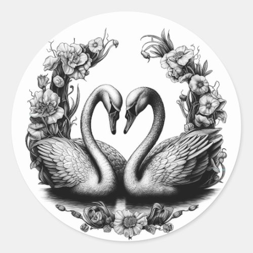 Black and White Swan Lake Love Birds Wedding Classic Round Sticker