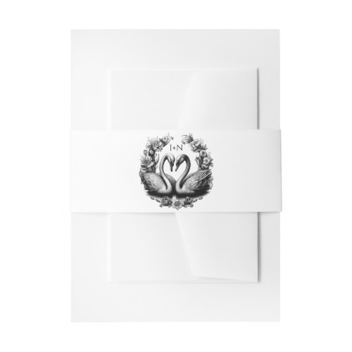 Black and White Swan Lake Wedding Monogram Invitation Belly Band