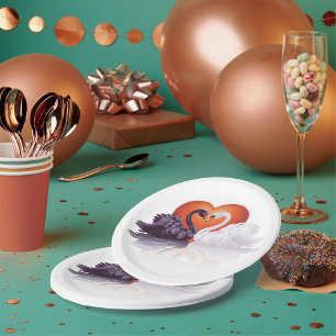 Black and White Swans in Love Heart Paper Plates