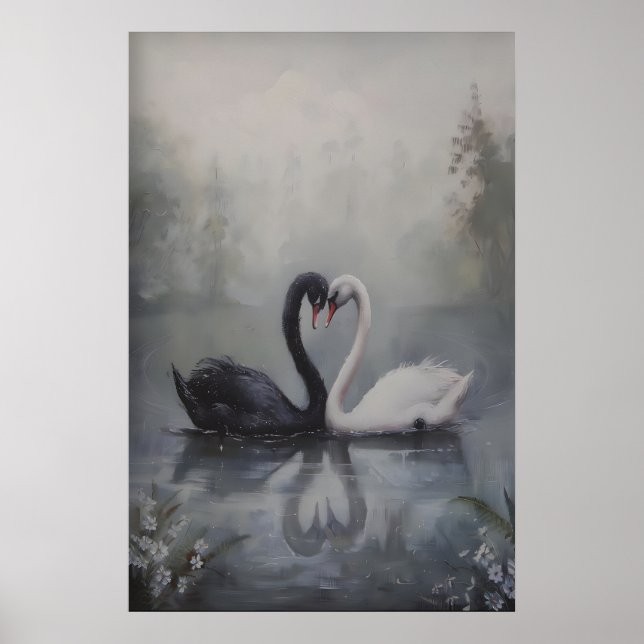 Black and White Swans in Misty Lake Dark Poster (Front)