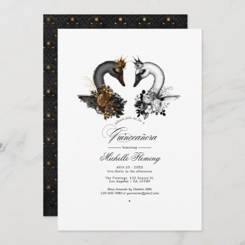 Black and White Swans Quinceaera Invitation