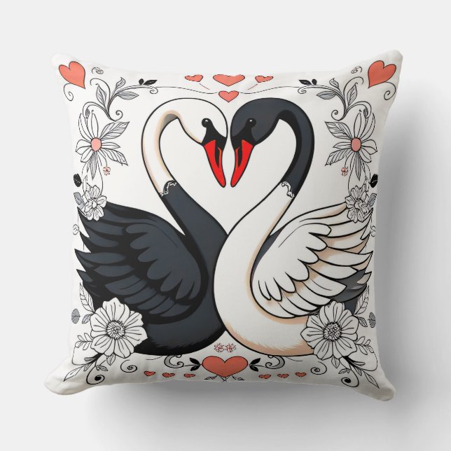 Black and White Swans Surrounded by Floral Designs Throw Pillow (Front)