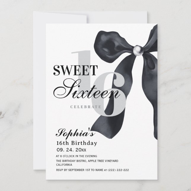  Black and White Sweet 16 Birthday Party  Invitation (Front)