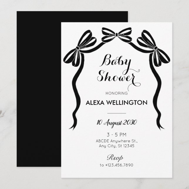 Black and white sweet tie ribbon bow baby shower invitation (Front/Back)