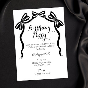 Black and white sweet tie ribbon bow birthday invitation