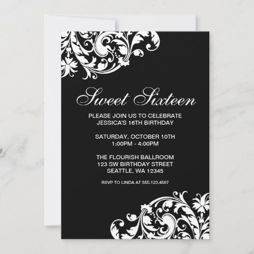 Black and White Swirl Flourish Sweet 16 Birthday Invites