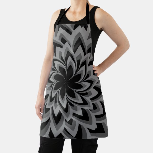 BLACK AND WHITE SWIRL FLOWERS   APRON (Insitu)