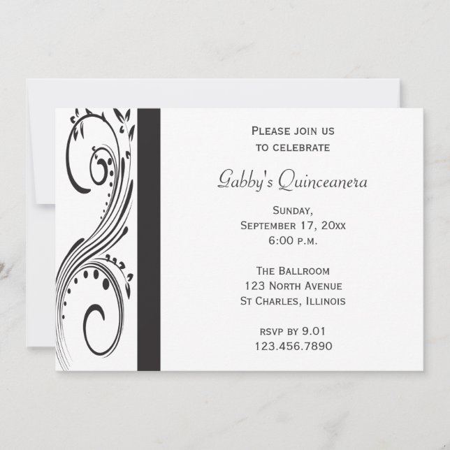 Black and White Swirl Quinceañera Invitation (Front)