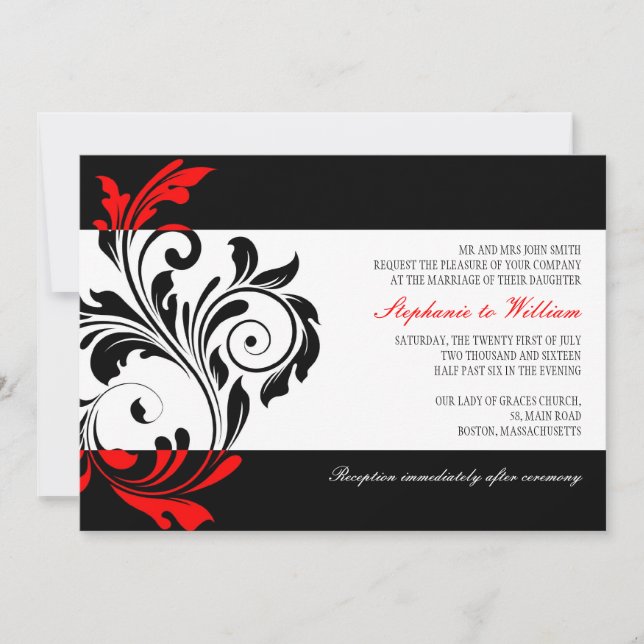 Black and White Swirl Wedding Invitation with Red (Front)