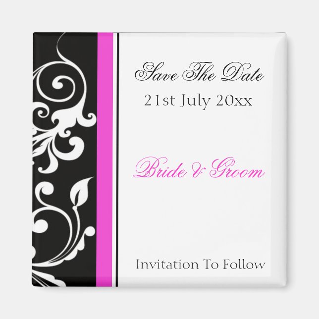 Black and White Swirl With Hot Pink Save The Date Magnet (Front)