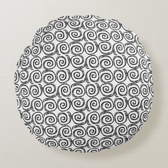 Black and White Swirls Abstract Round Pillow (Front)