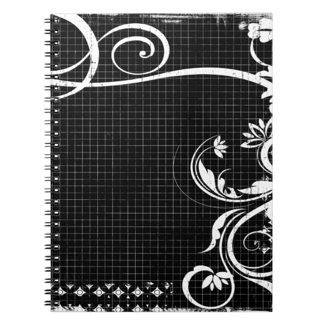 Black and White Swirls Grid Flourish Notebook (Front)