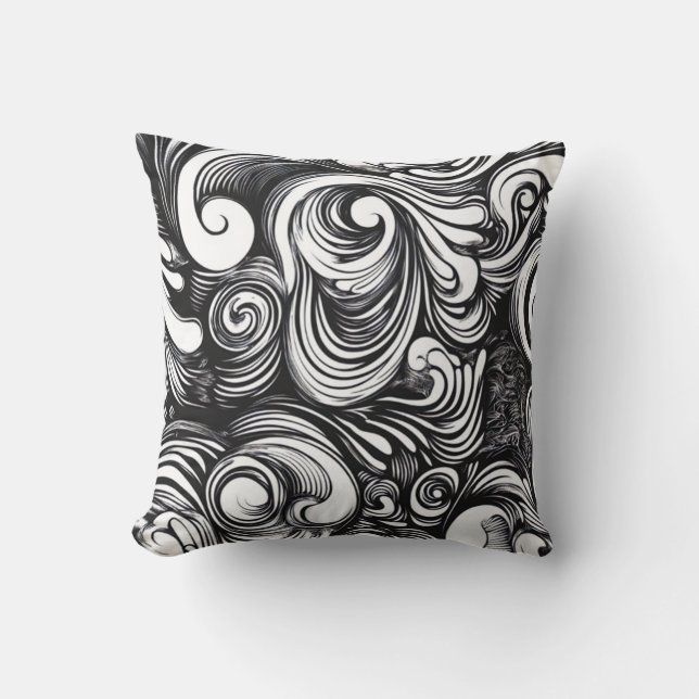 Black And White Swirls Pattern Throw Pillow (Front)