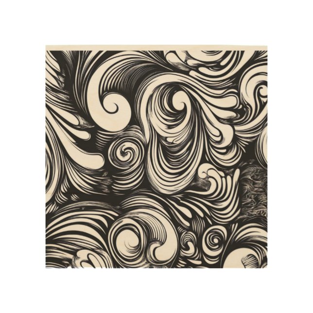 Black And White Swirls Pattern Wood Wall Art (Front)