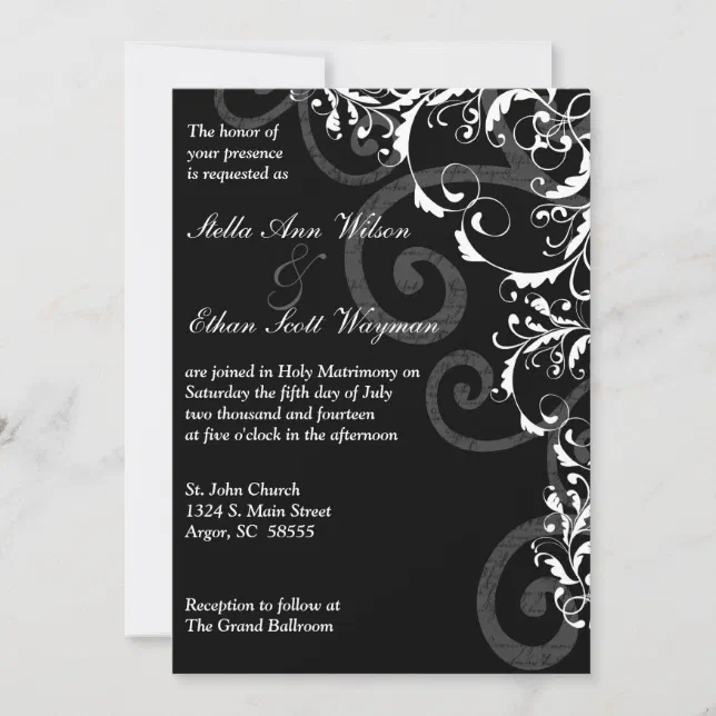 Black and White Swirls Wedding Invitation | Zazzle