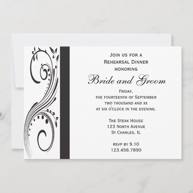 Black and White Swirls Wedding Rehearsal Dinner Invitation (Front)