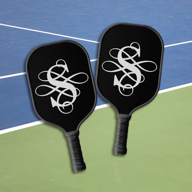 Black and White Swirly Flourish Initial Monogram Pickleball Paddle (Creator Uploaded)