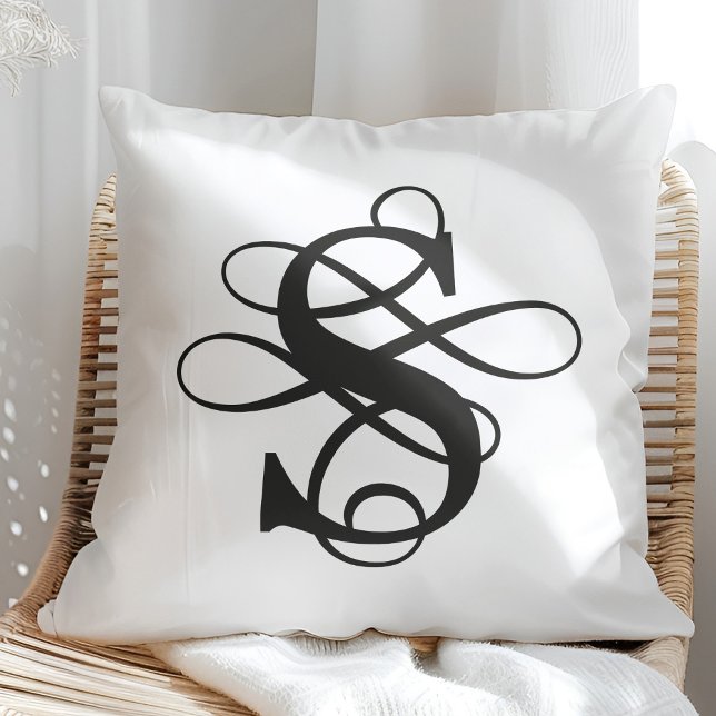 Black and White Swirly Flourish Initial Monogram Throw Pillow (Creator Uploaded)